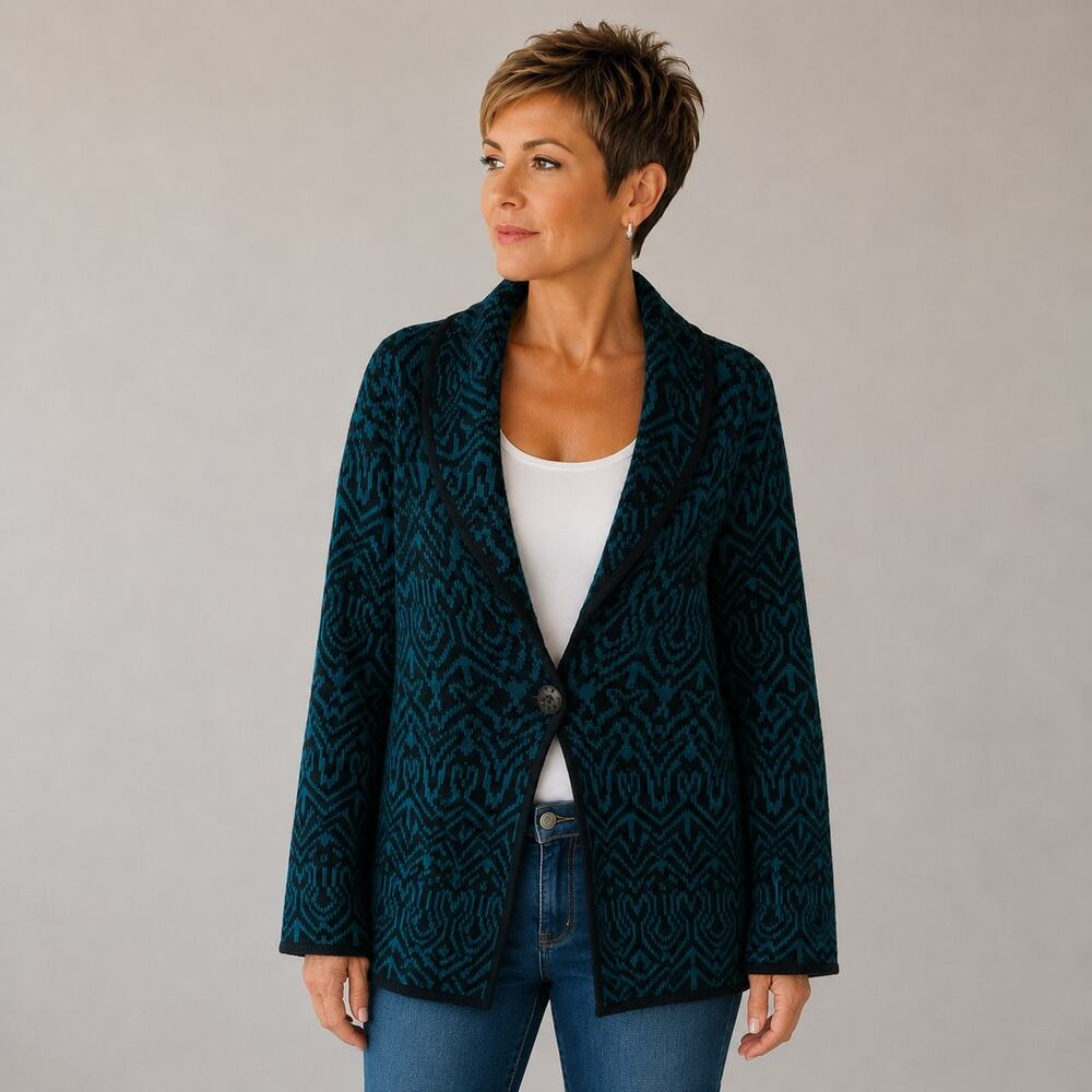 Chico's Green Black One Button Angora Wool Blend Cardigan 2